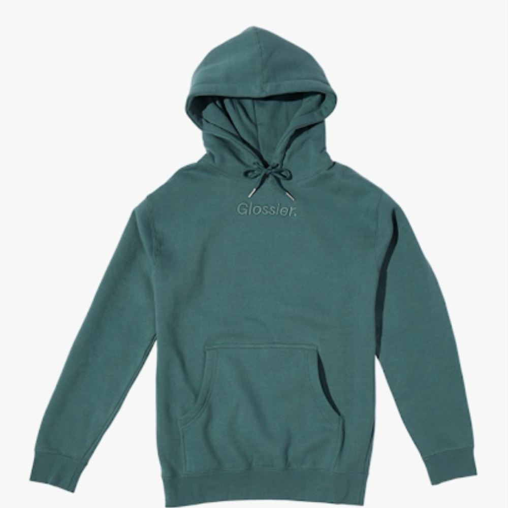Glossier green hooded sweatshirt.